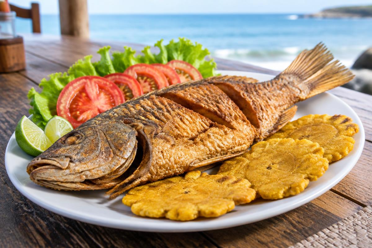 Pescado frito entero dorado y crujiente con patacones, lechuga, tomate y limón, servido en un plato blanco frente al mar